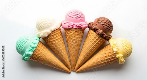 Assortment of colorful ice cream cones arranged in a fan shape