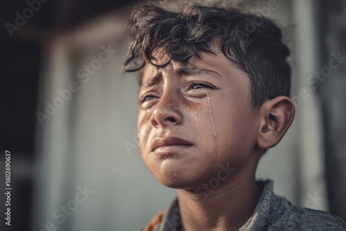 Expression of deep distress in a young boy with tears streaming down his face during a challenging moment of vulnerability and sadness