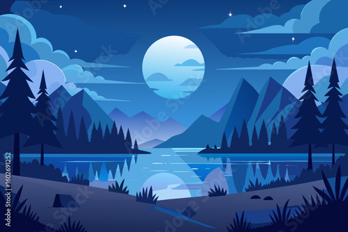 Tranquil night landscape with moonlit lake mountains and pine trees illustration