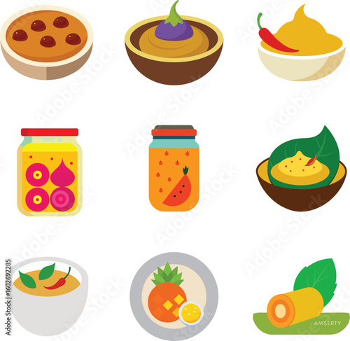 Bengali Pickle Vector Set – Traditional Bengali Achar Collection with Colorful Jars and Spices