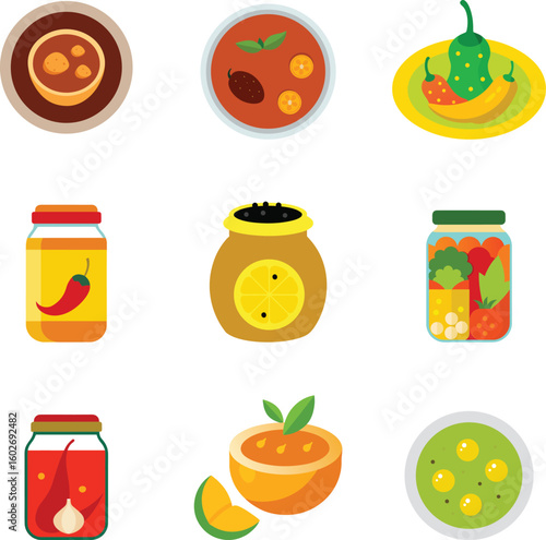 Bengali Pickle Vector Set – Traditional Bengali Achar Collection with Colorful Jars and Spices