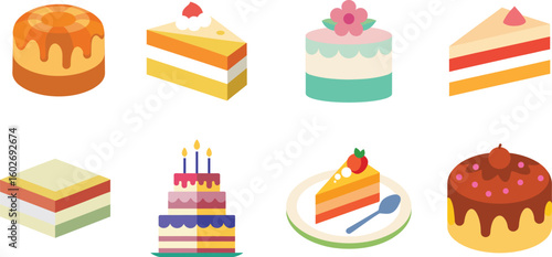 Colorful Cake Vector Set – Flat Style Illustrations of Classic, Layered, and Celebration Cakes