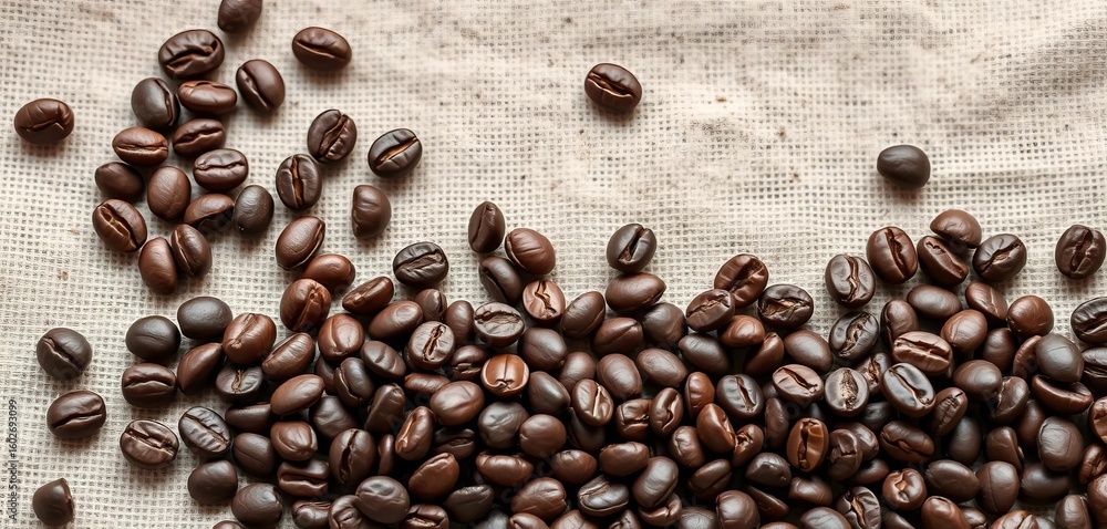 Obraz premium Dark roasted coffee beans scattered on textured vintage linen, linen background, vintage