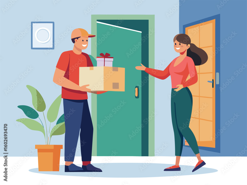 Fototapeta premium Courier delivering gift box to woman at apartment door delivery