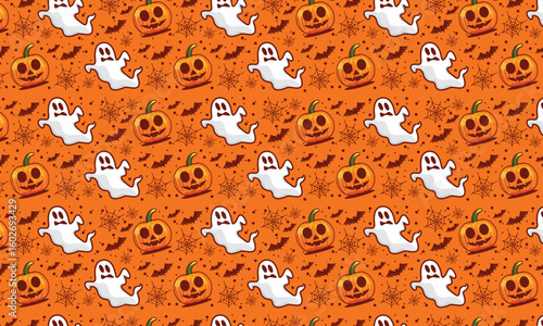Festive Halloween background featuring adorable cartoon ghosts and jack-o'-lanterns. Ideal for autumn decorations, textiles, gift wrap, and digital designs. Seamless spooky pattern.
