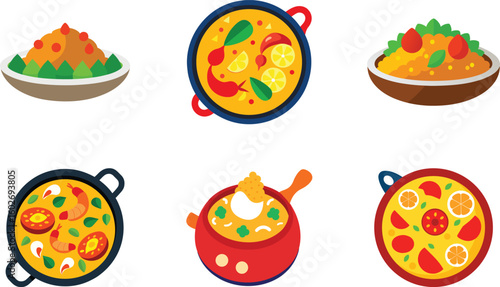 Colorful Rice Dishes Vector Set – Flat Style Illustrations of Global Traditional and Fusion Rice Meals