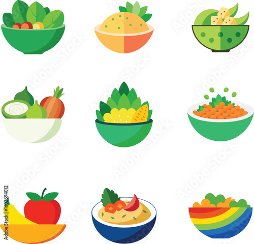 Colorful Vegetable Salad Vector Set – Flat Style Fresh and Healthy Mixed Veggie Bowls