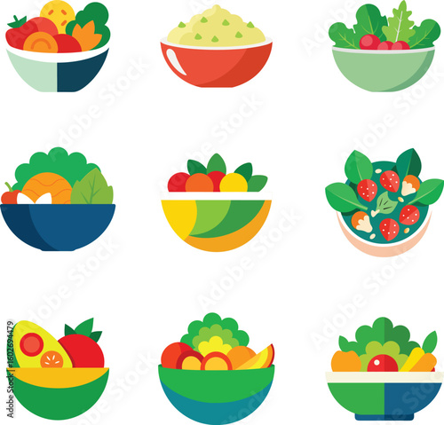 Colorful Vegetable Salad Vector Set – Flat Style Fresh and Healthy Mixed Veggie Bowls