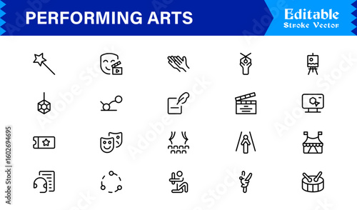 Performing Arts Professional Minimal line icon set – Modern outline symbols of theater masks, ballet shoes, music notes, stage curtains, orchestra, dance, drama