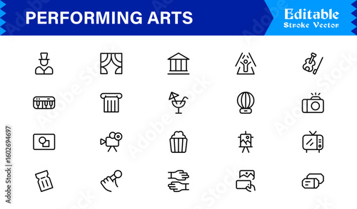 Performing Arts Professional Minimal line icon set – Modern outline symbols of theater masks, ballet shoes, music notes, stage curtains, orchestra, dance, drama
