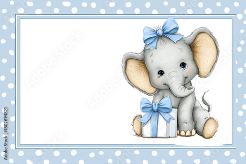 Cute baby elephant with blue bow and gift box isolated on a transparent background animal mammal