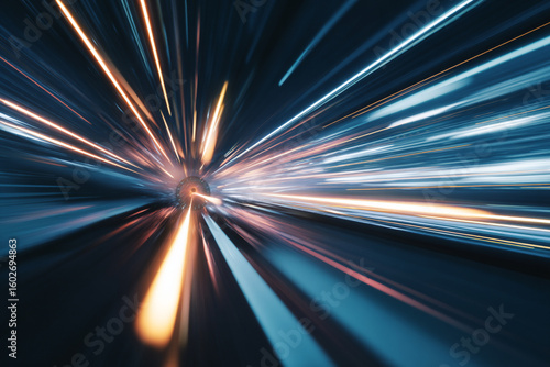 A close-up of abstract, blurred light trails from clock hands moving rapidly, conveying extreme speed and compressed time.
