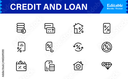 Credit Loan Finance Essentials—Professional Minimal line icon set featuring Banking, Lending, Mortgage, Debt, Interest, Payment, Wallet, Dollar, Budget, Capital