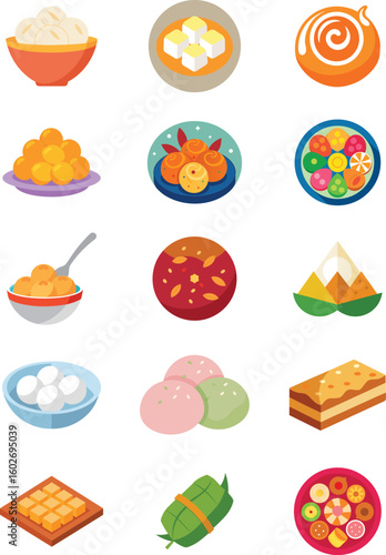 Traditional South Asian Sweets Vector Set – Colorful Flat Illustrations of Regional Desserts and Mithai