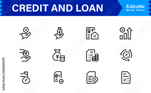 Credit Loan Finance Essentials—Professional Minimal line icon set featuring Banking, Lending, Mortgage, Debt, Interest, Payment, Wallet, Dollar, Budget, Capital