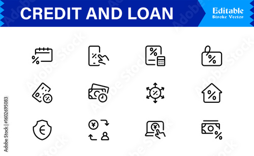 Credit Loan Finance Essentials—Professional Minimal line icon set featuring Banking, Lending, Mortgage, Debt, Interest, Payment, Wallet, Dollar, Budget, Capital