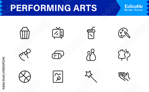Performing Arts Professional Minimal line icon set – Modern outline symbols of theater masks, ballet shoes, music notes, stage curtains, orchestra, dance, drama