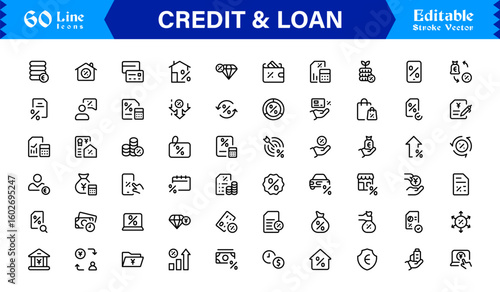 Credit Loan Finance Essentials—Professional Minimal line icon set featuring Banking, Lending, Mortgage, Debt, Interest, Payment, Wallet, Dollar, Budget, Capital