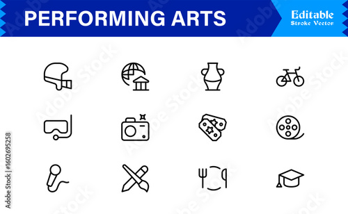 Performing Arts Professional Minimal line icon set – Modern outline symbols of theater masks, ballet shoes, music notes, stage curtains, orchestra, dance, drama