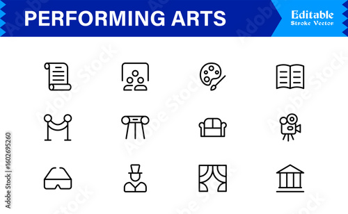 Performing Arts Professional Minimal line icon set – Modern outline symbols of theater masks, ballet shoes, music notes, stage curtains, orchestra, dance, drama