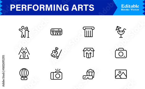 Performing Arts Professional Minimal line icon set – Modern outline symbols of theater masks, ballet shoes, music notes, stage curtains, orchestra, dance, drama