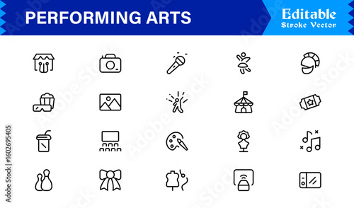 Performing Arts Professional Minimal line icon set – Modern outline symbols of theater masks, ballet shoes, music notes, stage curtains, orchestra, dance, drama