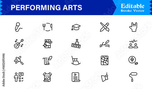 Performing Arts Professional Minimal line icon set – Modern outline symbols of theater masks, ballet shoes, music notes, stage curtains, orchestra, dance, drama