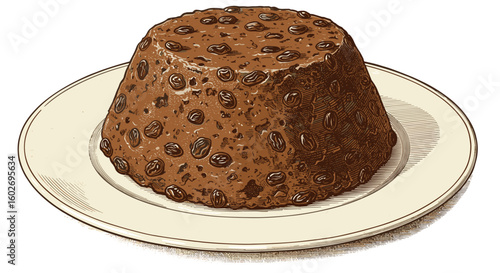 Colored Engraving Illustration of Christmas Pudding – Retro Vector of Plum Pudding with Raisins on Plate, Top View, for Labels, Menu Design, and Branding