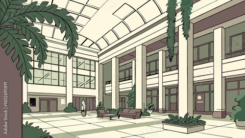 Interior view of a large atrium with plants and seating area under a skylight roof structure design