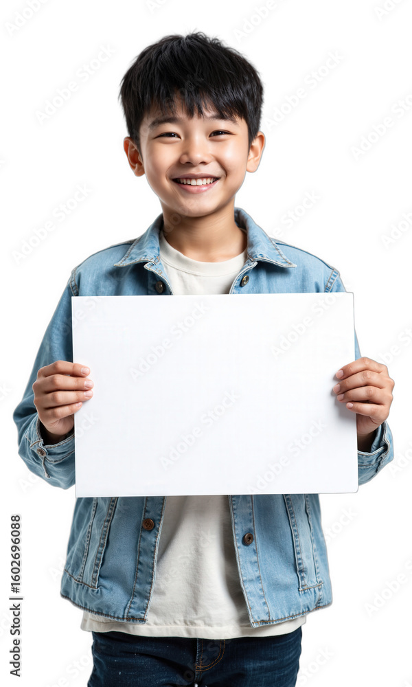 Boy Holding Sign. A young East Asian boy with short dark hair, wearing a denim jacket over a light shirt Boy Holding Sign. A young East Asian boy with short dark hair, wearing a denim jacket over a light shirt