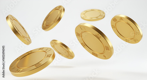 Luxurious golden poker chips floating elegantly against a bright background