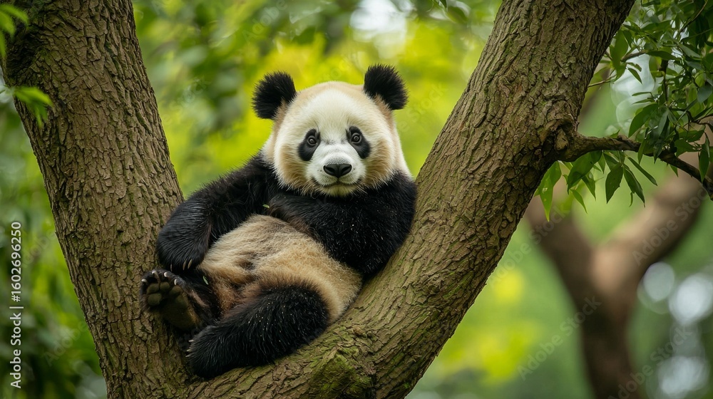 Obraz premium Sweet female Panda, Rui Rui, Relaxing on the tree, Wolong Giant Panda Nature Reserve,