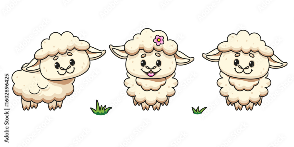 Fototapeta premium Cute Lamb with Flower Vector Illustration Set (3 Unique Images)