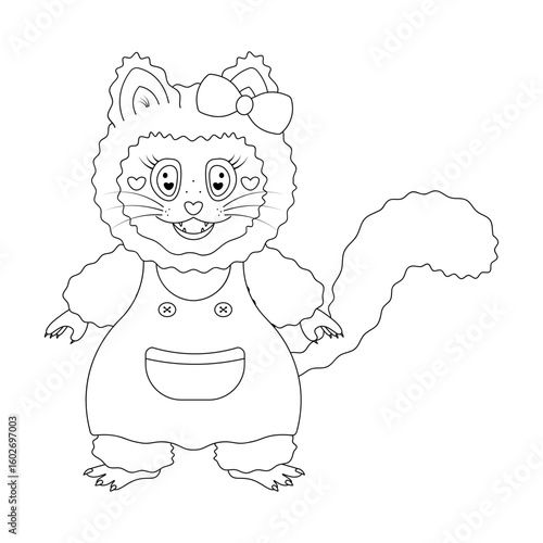 Female cat in a sundress. Cute kitten with a bow on the ear. Sketch. Vector illustration. Fluffy cat in a dress with straps with buttons and a pocket, hearts in the eyes, with fangs, whiskers.