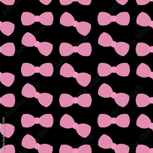 Pink bow. Chaotically scattered bows. Seamless vector pattern. Endless ornament of cute bow ties. Isolated black background. Idea for web design.