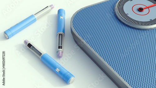 A 3d rendering of light blue medical injector pen and a bathroom scale, the monitoring and management of body weight as part of a weight loss journey.