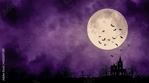 Dark night full moon on beautiful blue and purple neon color in cloudy night sky, with blank copy space. Halloween background.