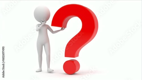 A white figure contemplates a large red question mark on white background