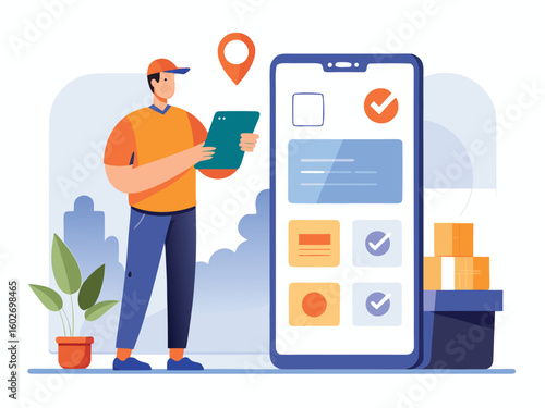 Delivery person checking mobile app for delivery slots mobile phone