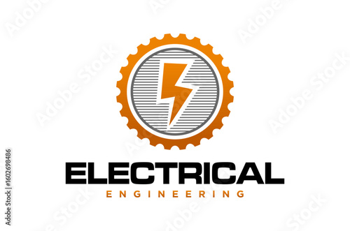Logo for electrical engineering, featuring a lightning bolt in a gear.  Symbolizes power and precision. Vector illustration.