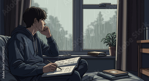 A young man sits thoughtfully by a window, rain falling outside, lost in contemplation and writing in a notebook.