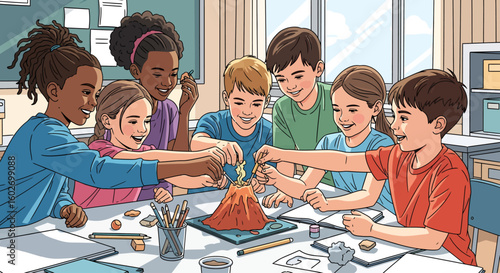 Diverse elementary school children collaboratively building a volcano model in a classroom setting.