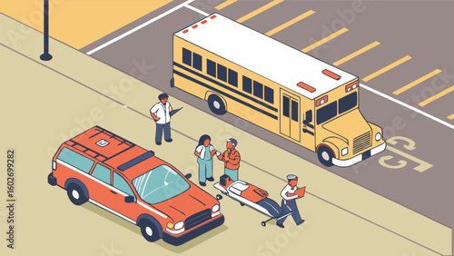 Urgent school bus accident illustration with paramedics offering aid, a first aid emergency scene with rescue personnel and injured people ready for commercial use, originally a vector graphic