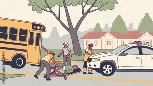 Emergency responders tend to injured patient after school bus accident near suburban homes, a scene depicting community support and the importance of emergency services on a residential street