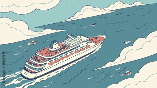 Stunning ocean cruise with small speedboats sailing along near a large cruise ship, perfect for travel ads, tourism campaigns, or idyllic vacation promotions, stylish and clean
