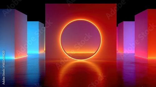 Fototapeta Naklejka Na Ścianę i Meble -  Neon portal in a vibrant, geometric space