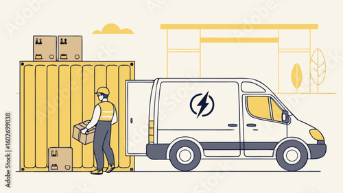 Efficient logistics delivery with a worker loading boxes into a van, offering a modern delivery solution for businesses and consumers seeking fast and reliable service illustration