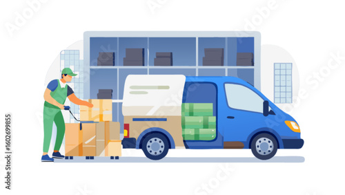 Efficient delivery service with worker loading boxes onto truck for fast shipping, showcasing logistics and distribution solutions for businesses, created as a scalable vector graphic