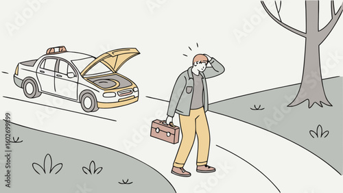 Frustrated businessman with broken down car on the road, looking stressed and late for work, briefcase in hand, roadside trouble, inconvenience, vector illustration, scalable graphics