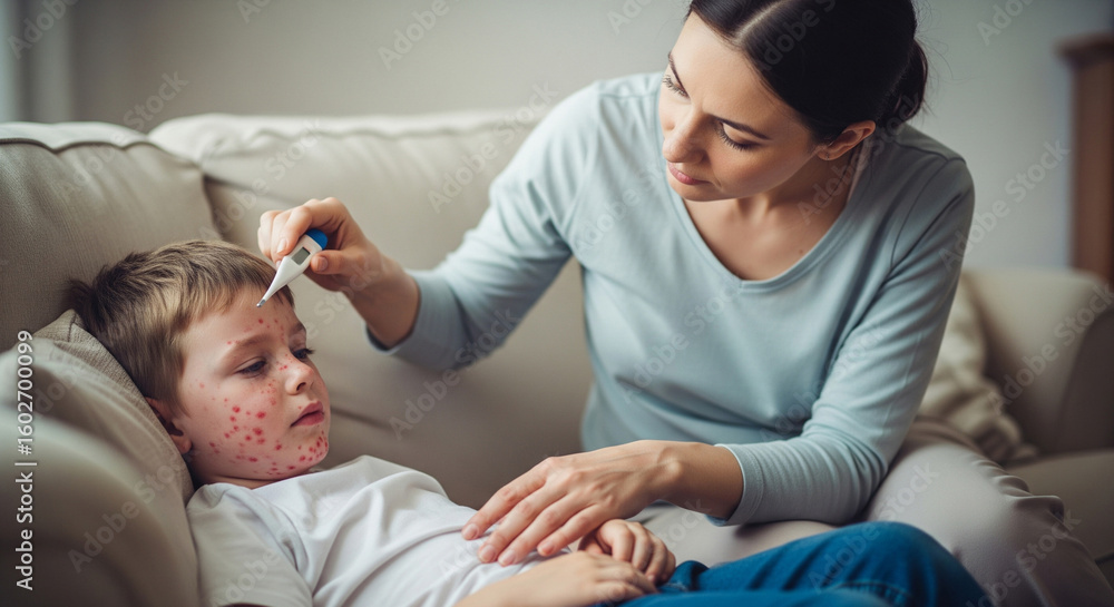 Obraz premium Boy with measles measures temperature, lies on sofa. Mom takes care of son. Infectious childhood disease